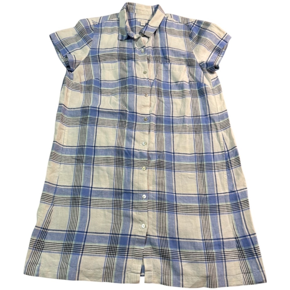 J.Jill Love 100% Linen Plaid Dress‎ Short Sleeve Button Down Casual Womens SZ M